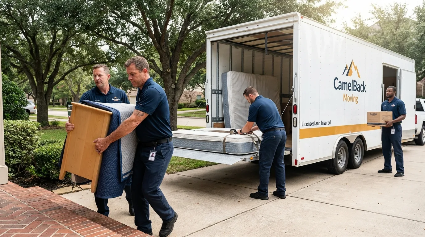 Crew loading residential truck for cross-state move from Blue Earth, MN