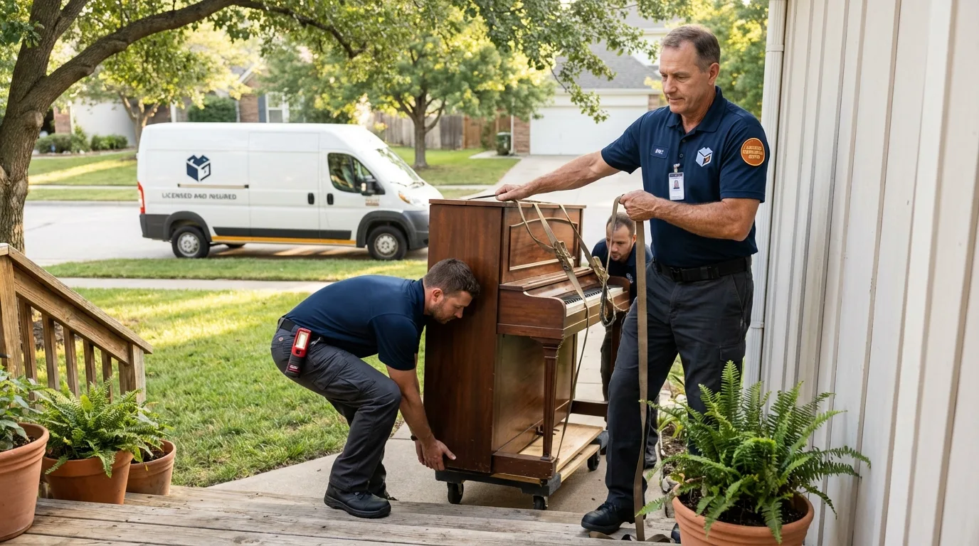 Licensed piano movers securing grand piano in Blue Earth, MN