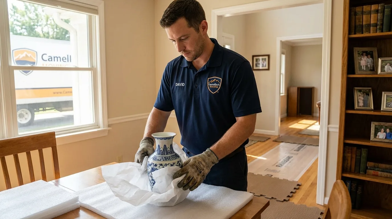 Professional crew carefully wrapping antique vase for senior downsizing move in Blue Earth, MN